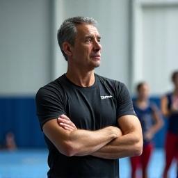 Javier Solís, Coach Principal de Gimnasia Rítmica en Hora Activa, observando atentamente a sus alumnas en un estudio elegante.