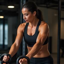 Andrea Torres, Líder de Fitness Funcional en Hora Activa, demostrando un ejercicio de fuerza en un gimnasio de alta tecnología.