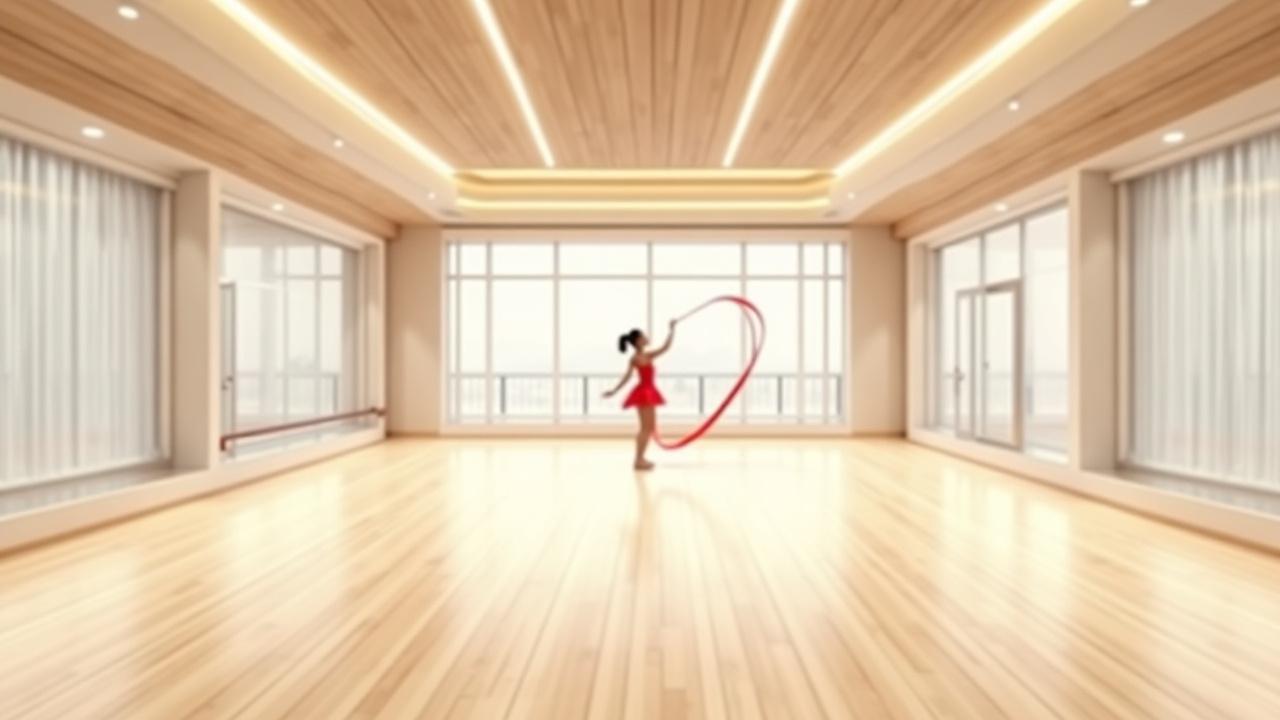 Amplio estudio de gimnasia rítmica con piso de madera pulida, espejos de pared a pared, y una atleta practicando con una pelota bajo luces LED modernas.