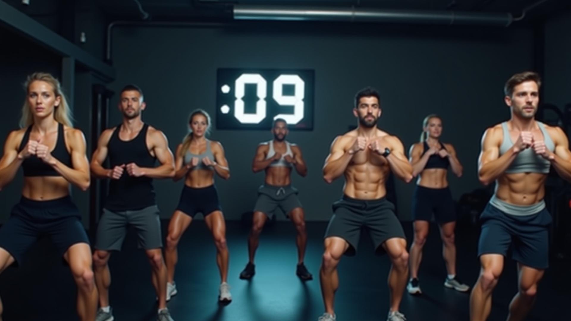 Grupo de personas en una clase de fitness de alta intensidad en Hora Activa, con un cronómetro digital visible y ambiente energético.