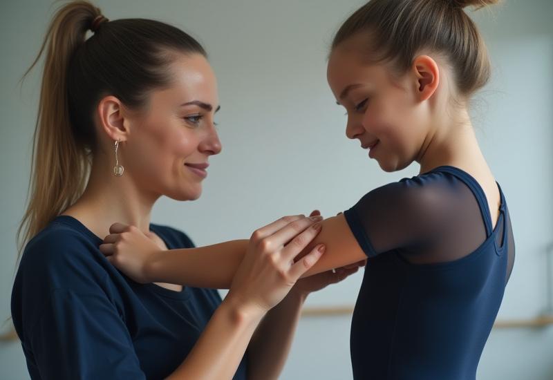 Entrenador de Hora Activa ajustando la postura de una gimnasta rítmica joven con gran detalle y atención.